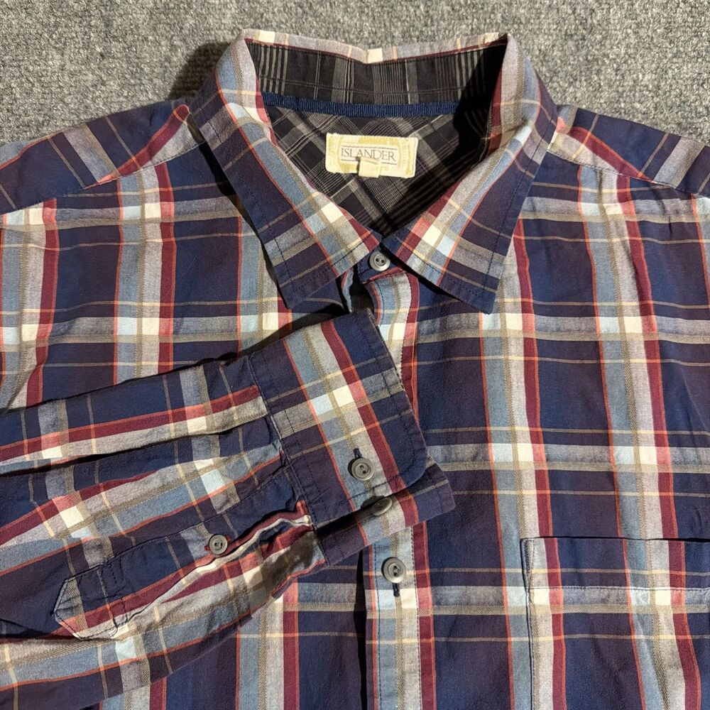 Islander Shirt Mens Blue Plaid Button Front Long Sleeve 100% Cotton Pocket